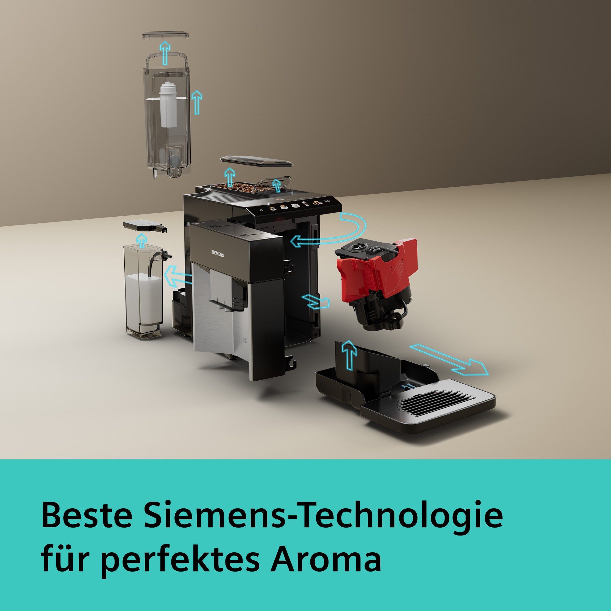 Explodierte Ansicht einer schwarzen und silbernen Siemens Kaffeemaschine, die interne Komponenten zeigt und blaue Pfeile.