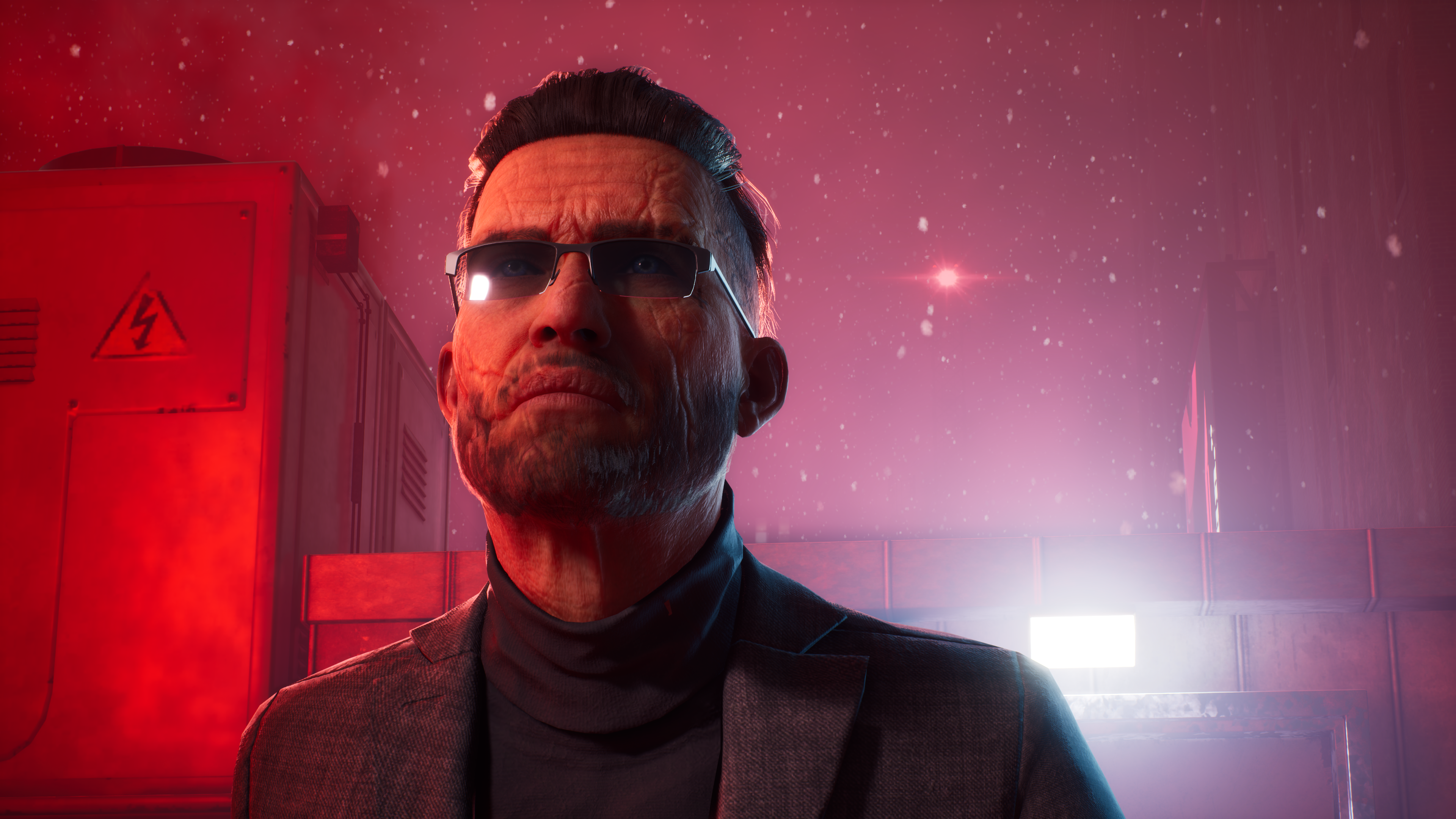 Ein Mann mit Brille und Blazer blickt nach oben. Roter Hintergrund mit fallendem Schnee und Gebäudedetails. Intensive Beleuchtung.