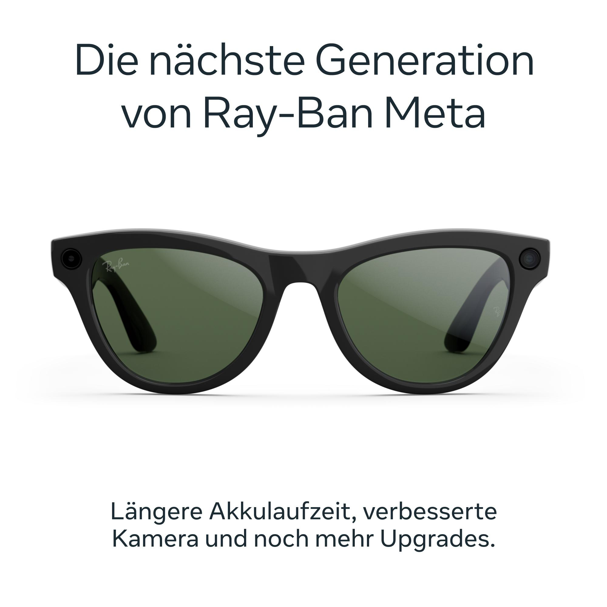 Schwarze Ray-Ban Meta Sonnenbrille mit grünen Gläsern auf weißem Hintergrund. Text: Die nächste Generation von Ray-Ban Meta.