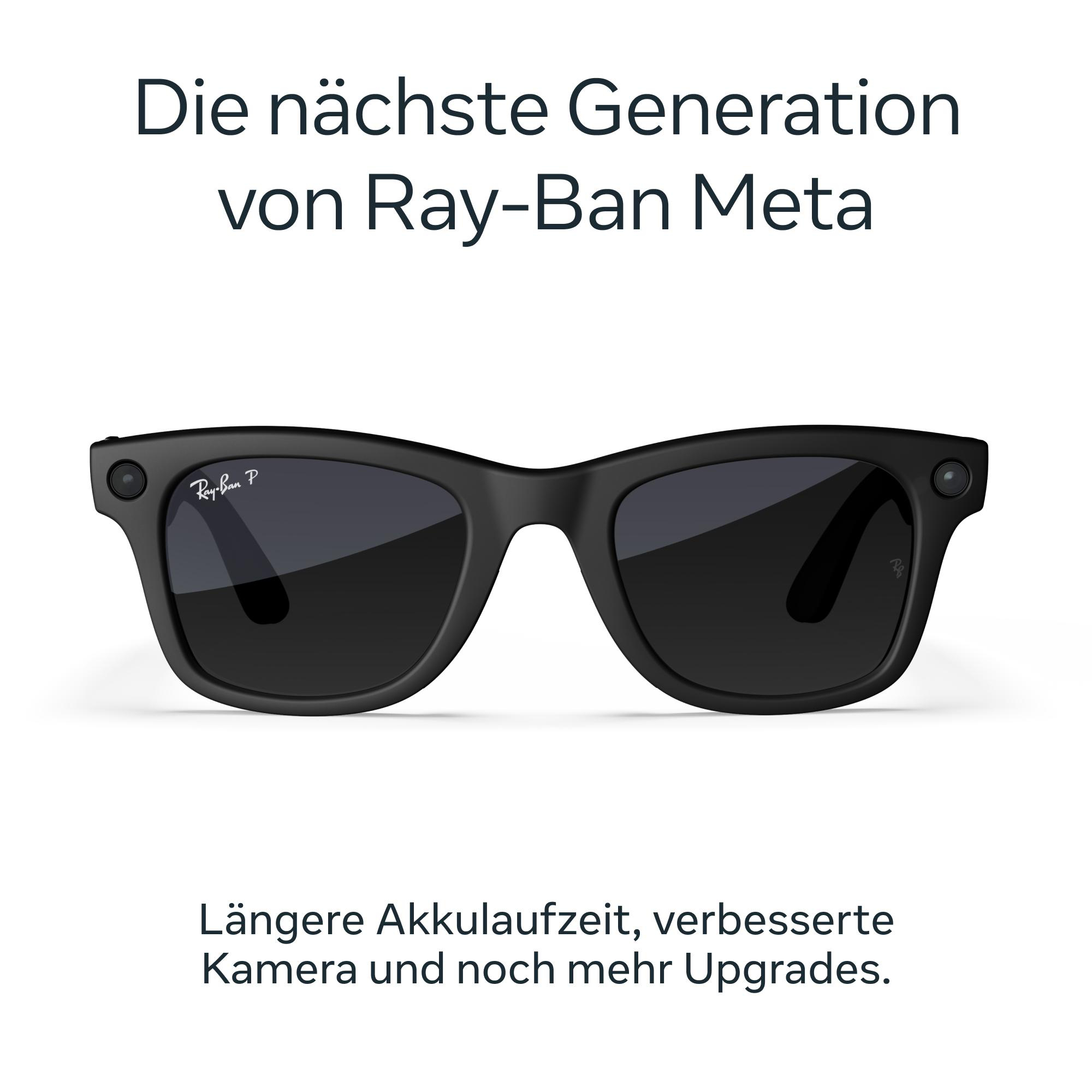 Schwarze Ray-Ban Meta-Sonnenbrille auf weißem Hintergrund. Text: Die nächste Generation von Ray-Ban Meta.