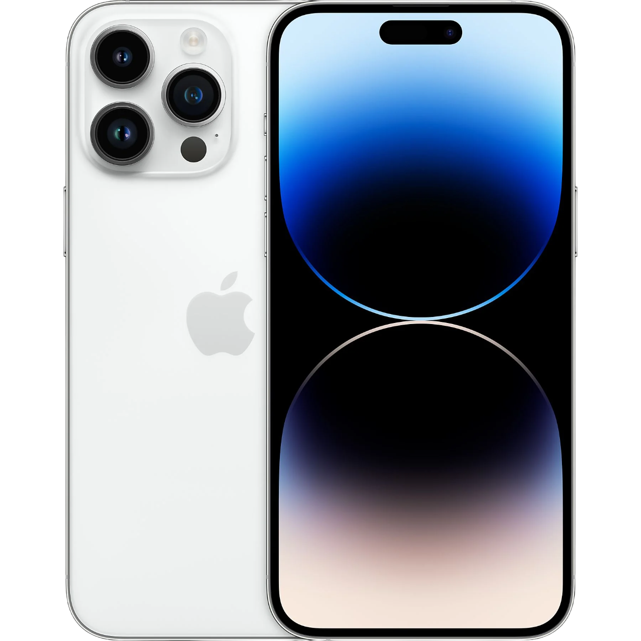 Mavi degrade gösteren siyah ekranlı beyaz bir iPhone. Arkada bir kamera dizisi ve Apple logosu var.