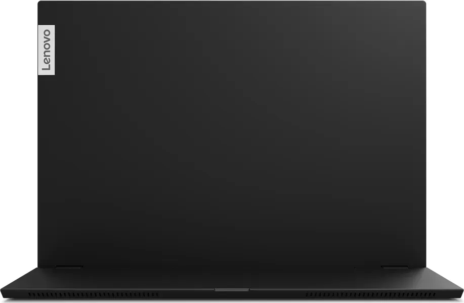 Geschlossener schwarzer Lenovo-Laptop. Das Lenovo-Logo ist weiß sichtbar. Der Laptop steht auf einer weißen Oberfläche.