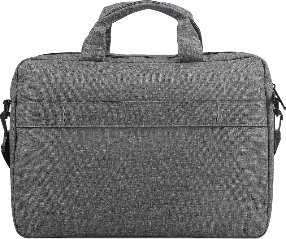 Eine graue Aktentasche mit Griff. Sie hat eine Vordertasche und einen Schulterriemenanschluss. Der Hintergrund ist ein hellgraues Muster.