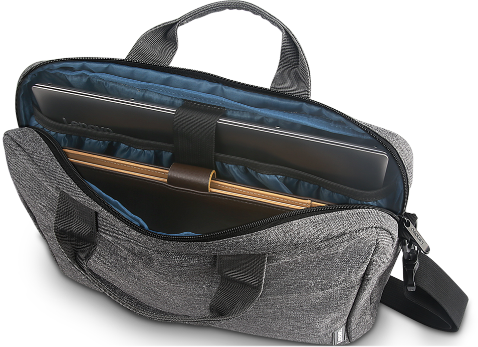 Graue Laptoptasche mit Laptop. Enthält eine braune Mappe und einen schwarzen Riemen. Die Tasche hat einen schwarzen Gurt.