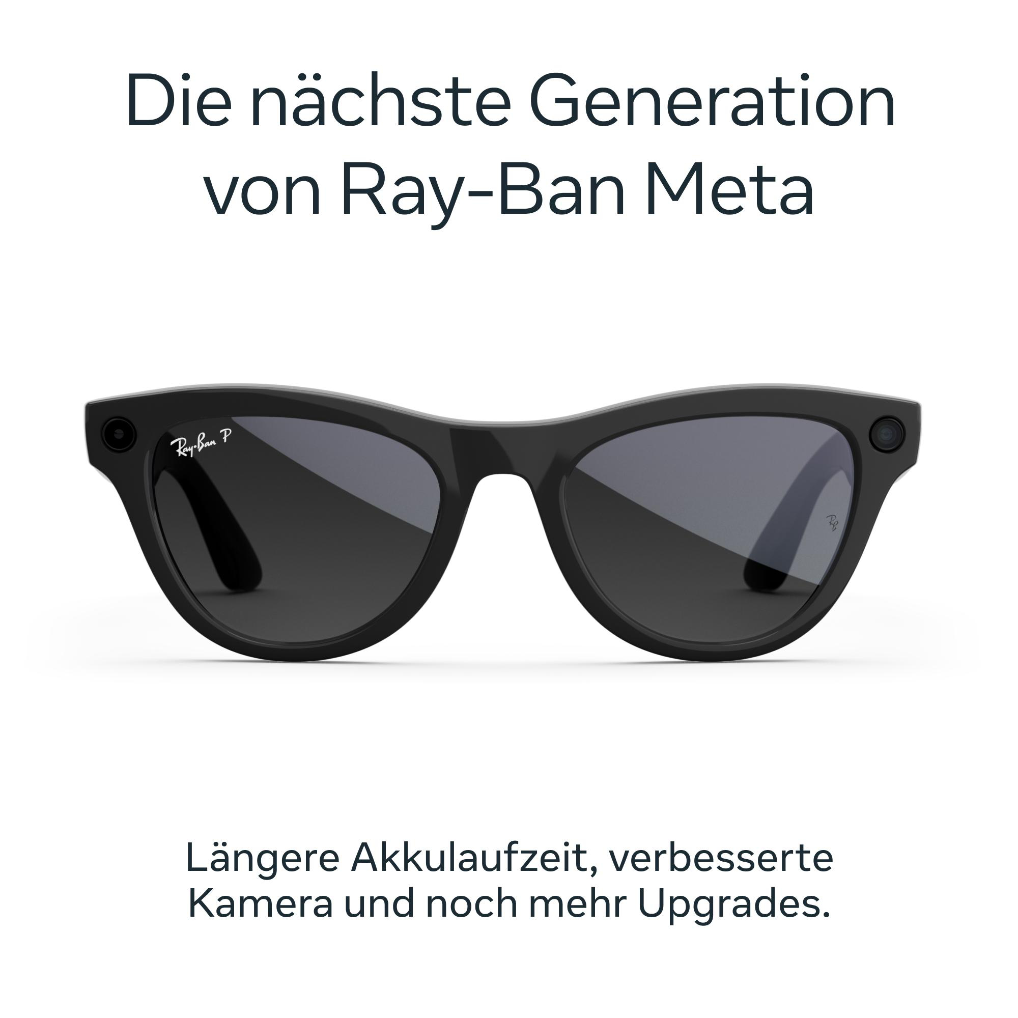 Schwarze Ray-Ban Meta Sonnenbrille. Text: Die nächste Generation von Ray-Ban Meta. Längere Akkulaufzeit, verbesserte Kamera, mehr Upgrades.