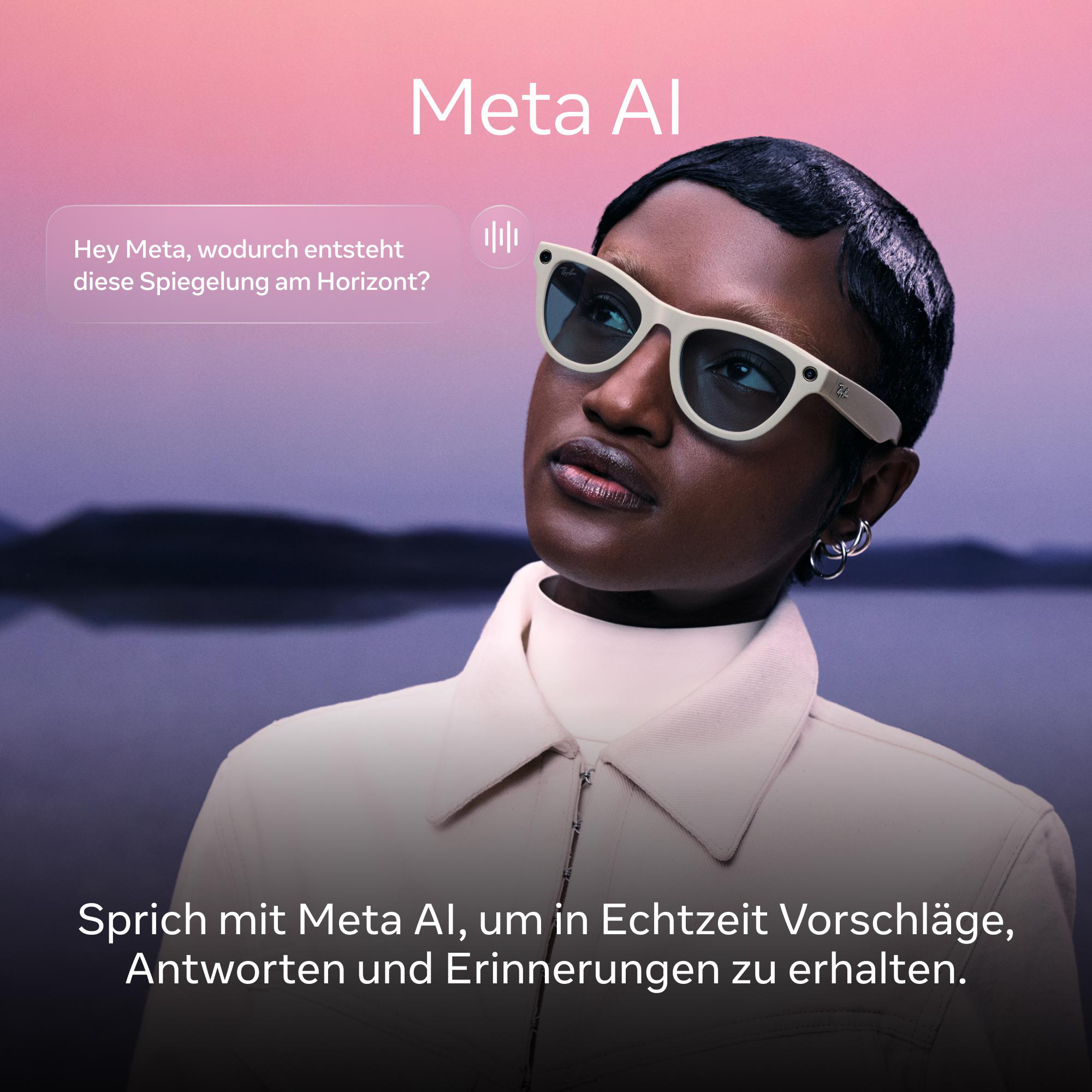 Eine Person mit Sonnenbrille schaut nach oben. Textblasen und Meta AI-Logo sind sichtbar. Der Hintergrund ist ein See.