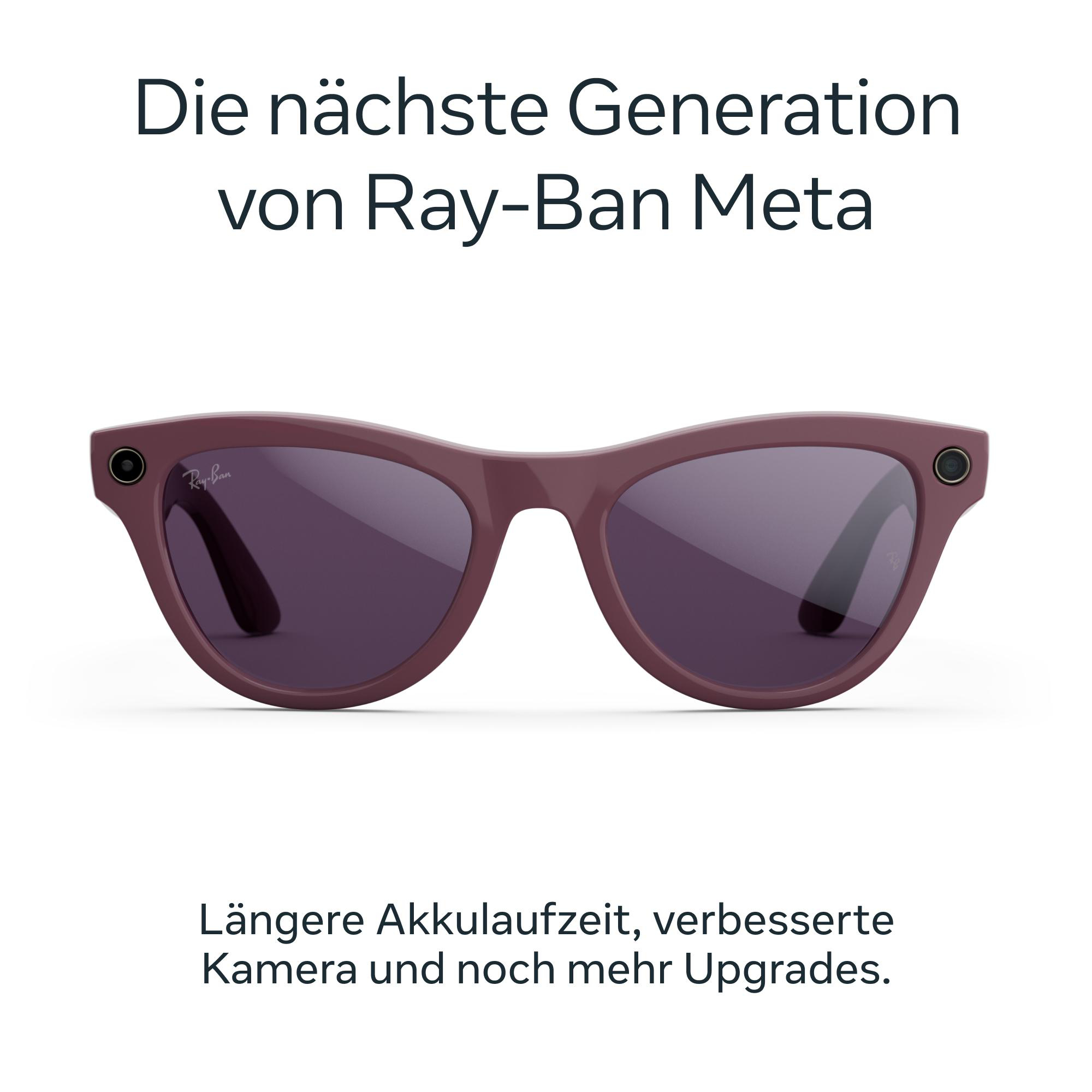 Eine Ray-Ban Meta Sonnenbrille, bordeauxfarbene Rahmen, dunkle Gläser, weißer Hintergrund. Text oben und unten.