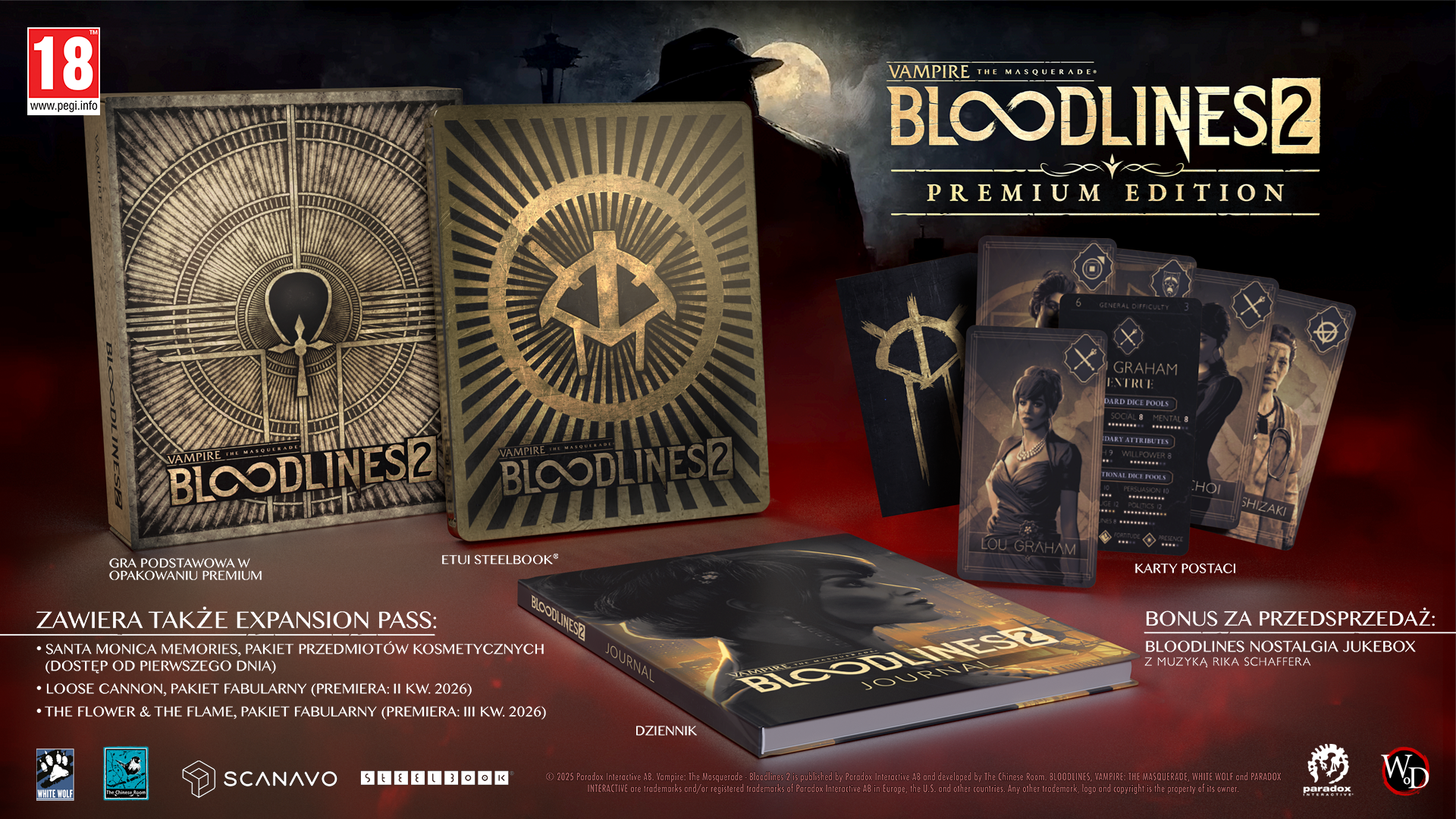 Vampire: The Masquerade - Bloodlines 2 Premium Edition, z dziennikiem, kartami i steelbookiem.