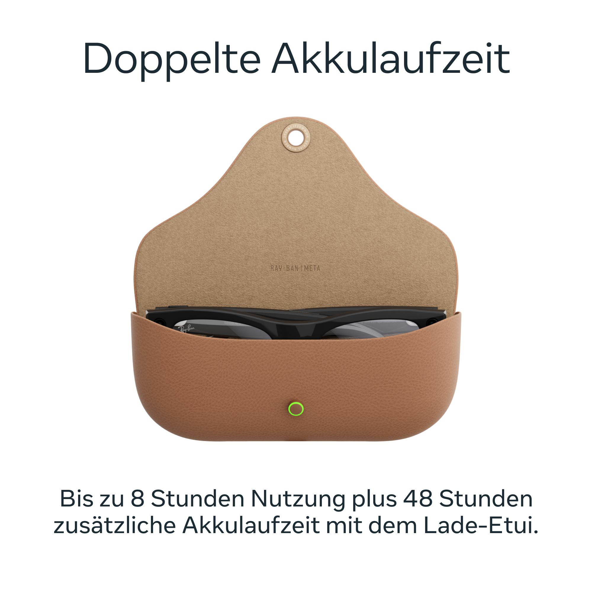 Ein Brillenetui mit Brille darin. Text oben und unten auf Deutsch.