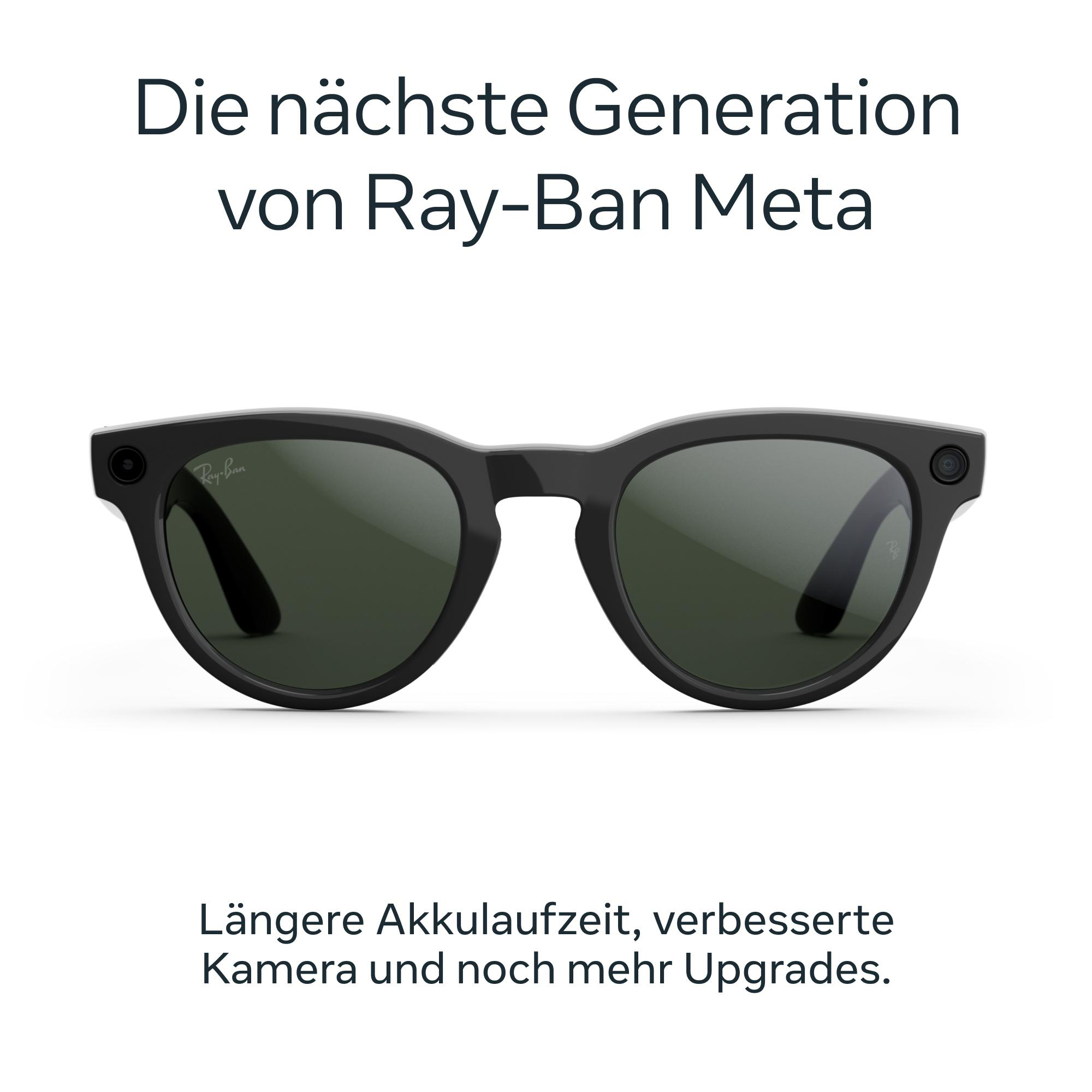 Schwarze Ray-Ban Meta Sonnenbrille mit dunklen Gläsern. Text darüber: 'Die nächste Generation von Ray-Ban Meta'.