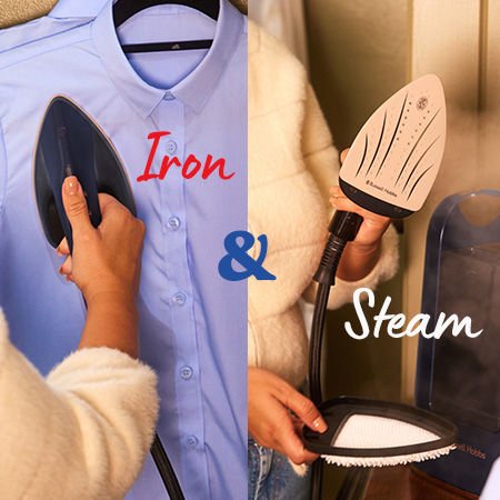 A kép vasalást és gőzölést mutat. Egy személy kék inget vasal, egy másik pedig fehér dzsekit gőzöl. A szöveg azt írja: 'Iron & Steam'.