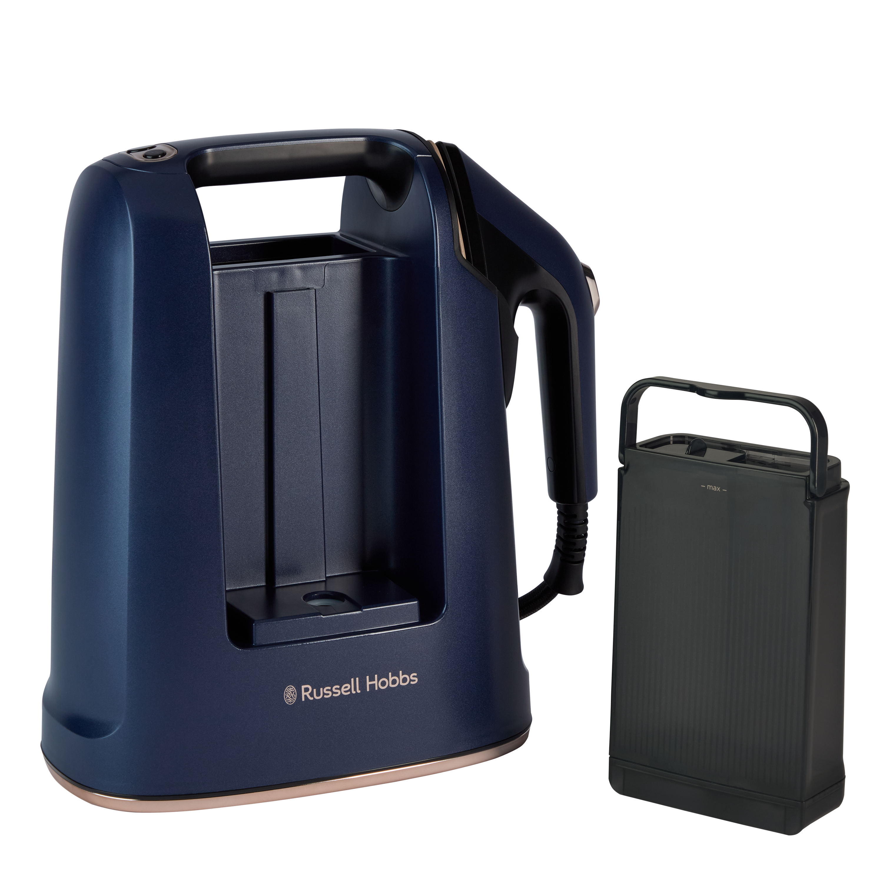 Egy kék-arany Russell Hobbs gőzölő, levehető fekete víztartállyal, fekete háttér előtt.