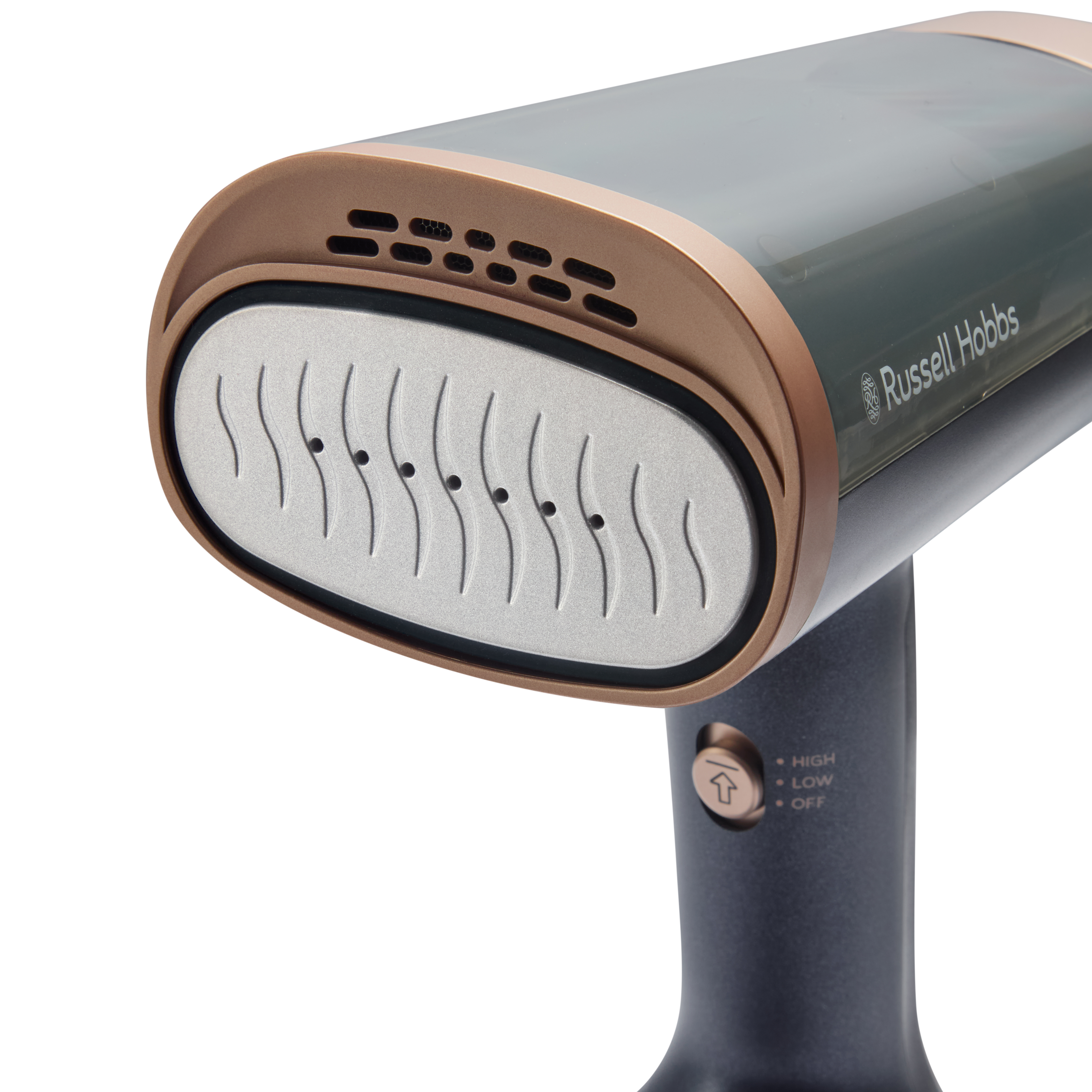 Egy Russell Hobbs gőzölő. Sötétszürke és arany színű. A gőzölő fehér háttérrel.