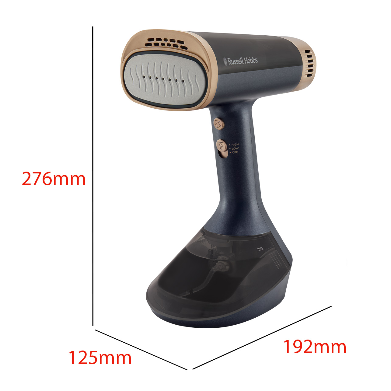 Egy kék-arany Russell Hobbs gőzölős vasaló. Méretei: 276 mm magas, 125 mm széles és 192 mm mély. Van egy víztartálya.