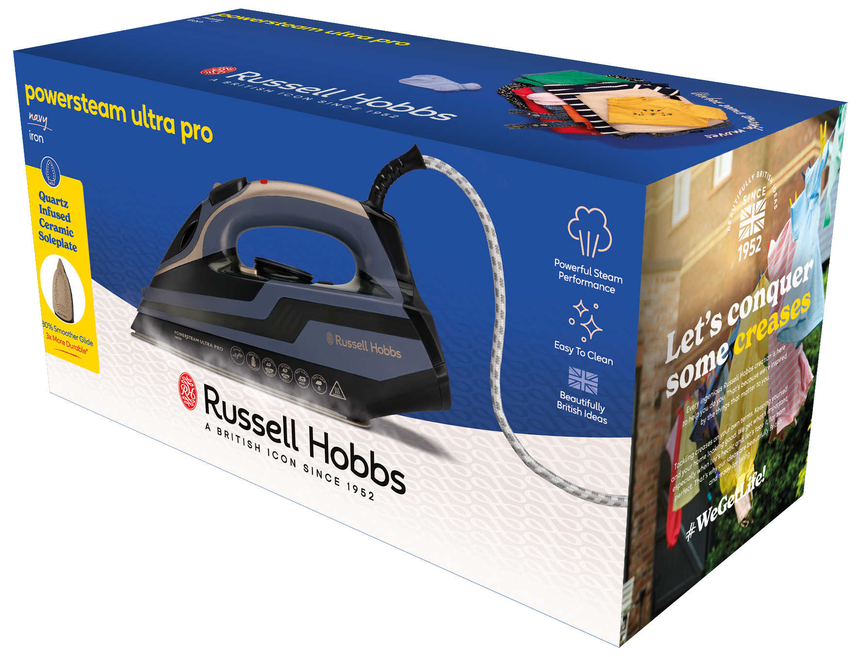 Egy Russell Hobbs vasaló doboza. Azt írja, hogy 'powersteam ultra pro' egy vasaló képével. Kék-fehér zsinórja van. Néhány ruha hátul.