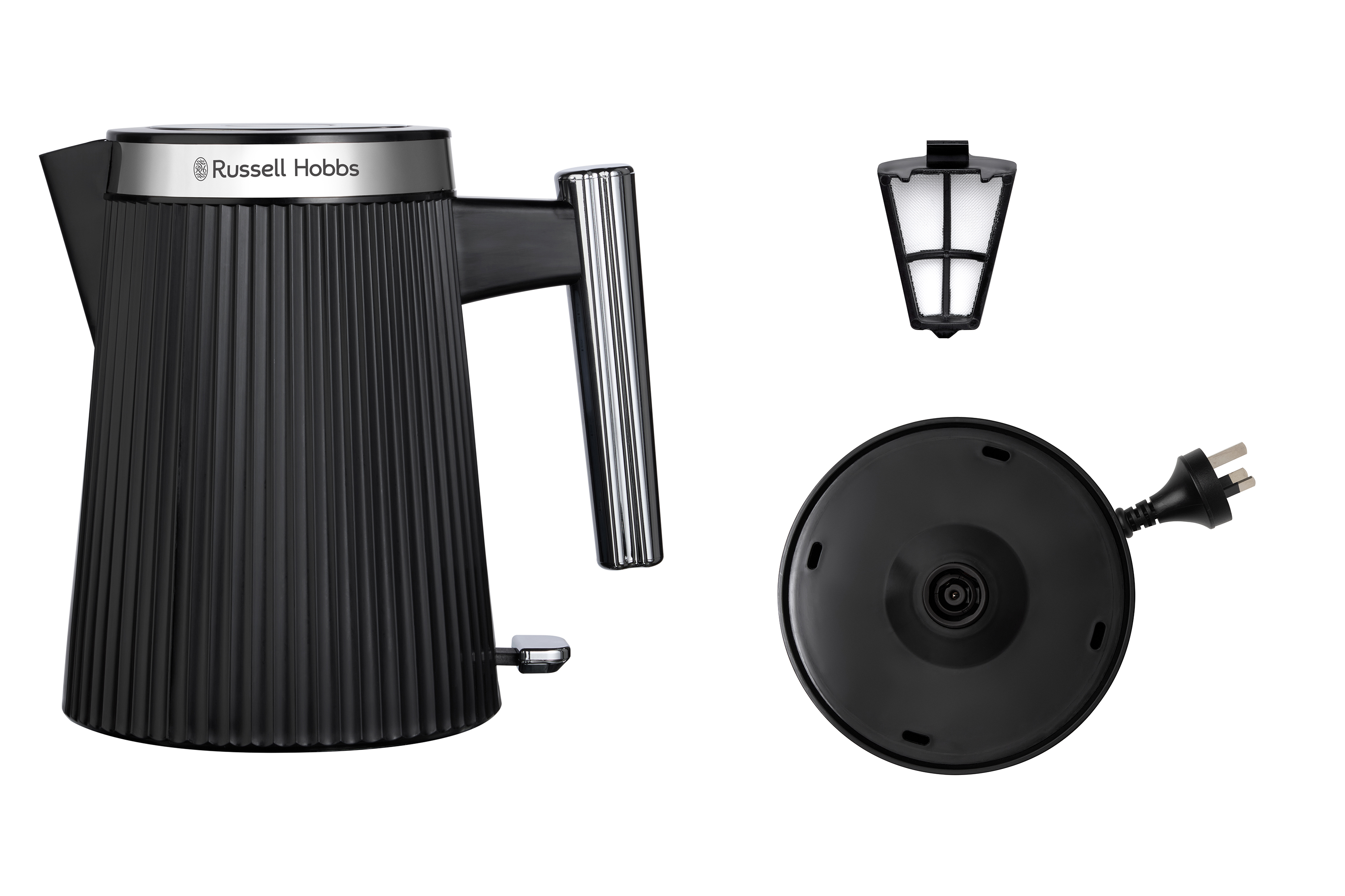 Fekete Russell Hobbs vízforraló, szűrő és talp kábellel. Bordázott oldalak, fém díszítések.