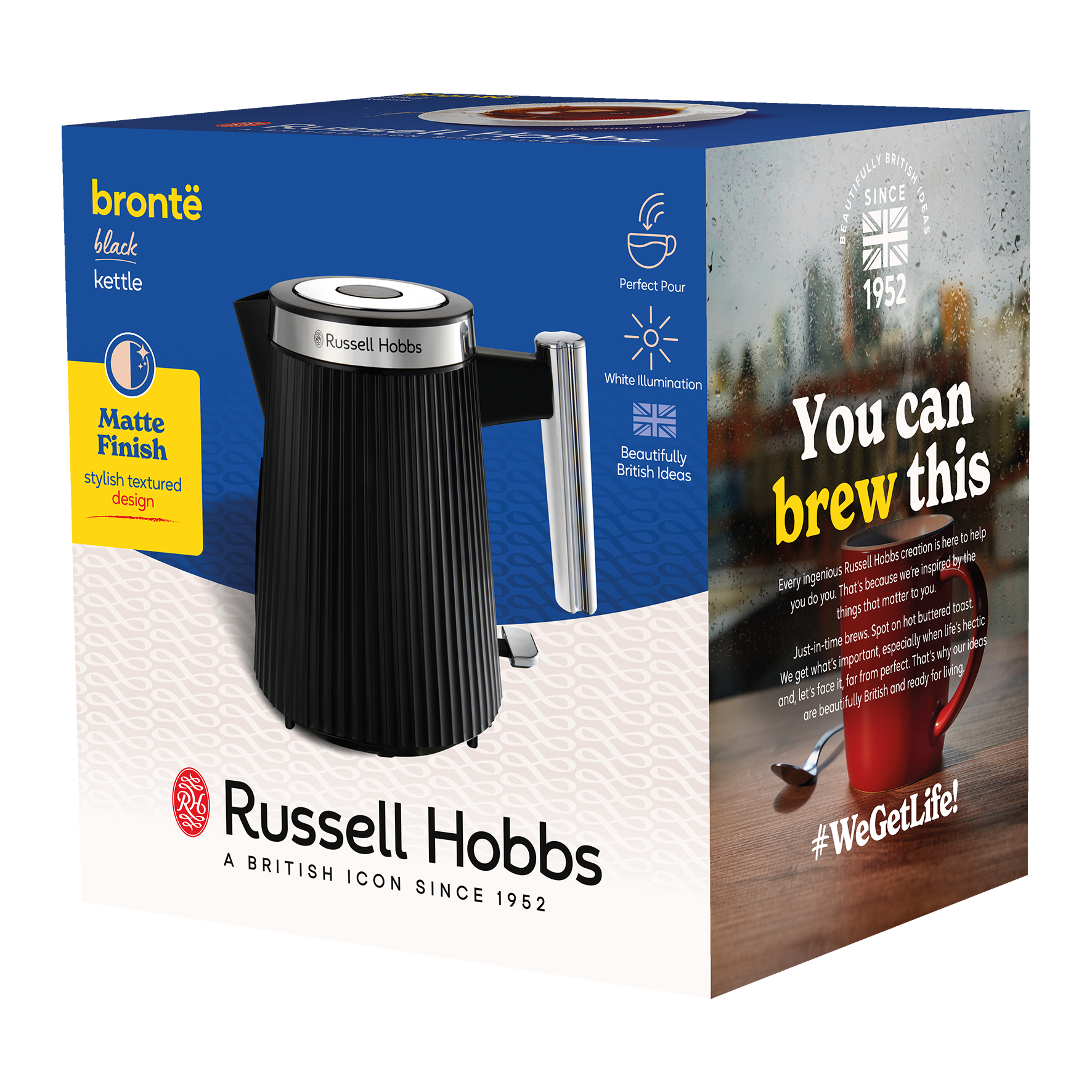 Egy fekete Russell Hobbs vízforraló látható. A dobozon a szöveg: 'You can brew this'. Mellette egy piros bögre kávéval.