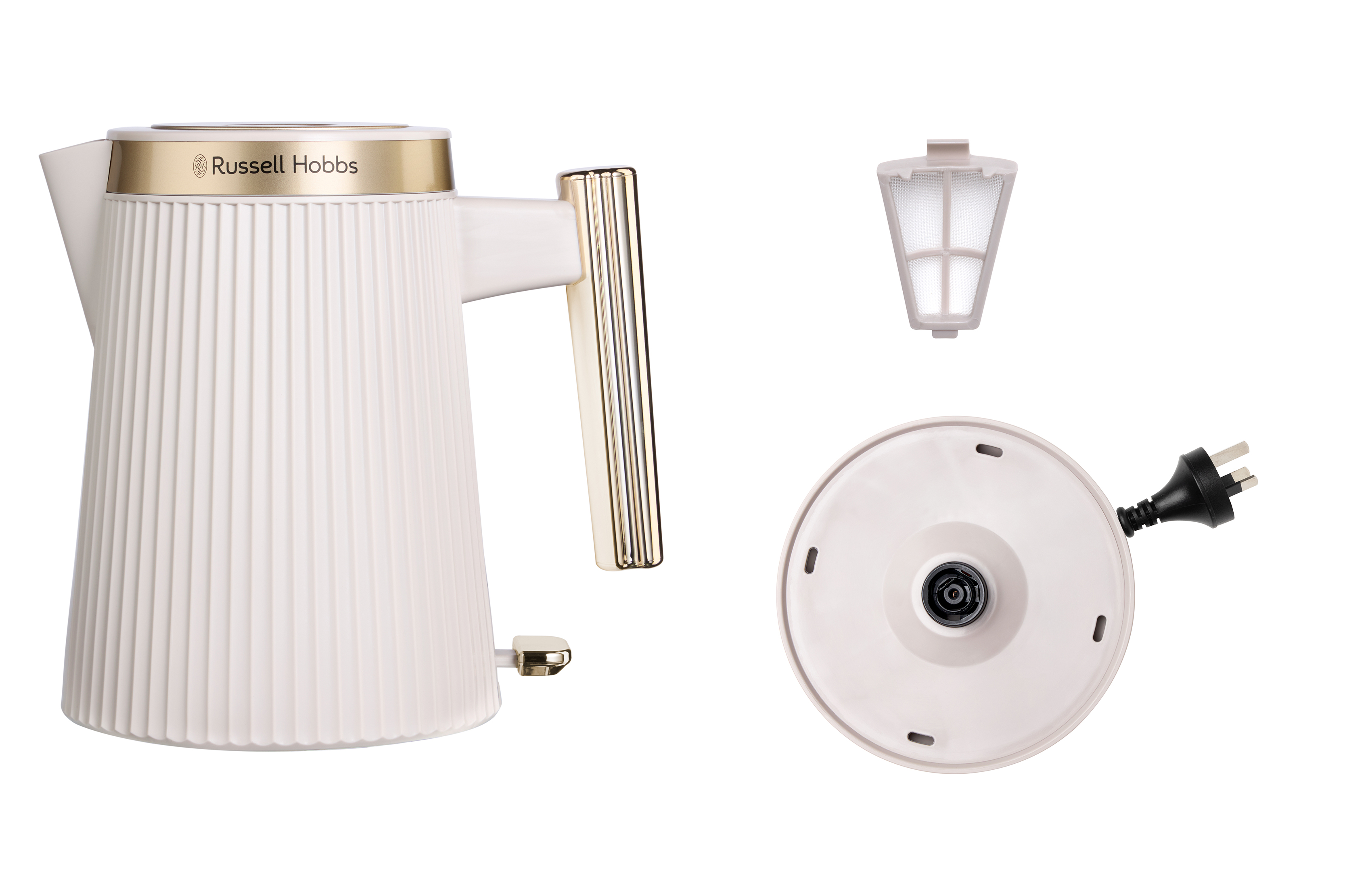 Krémszínű Russell Hobbs vízforraló arany fogantyúval, alappal és fedéllel, szűrővel és alappal.