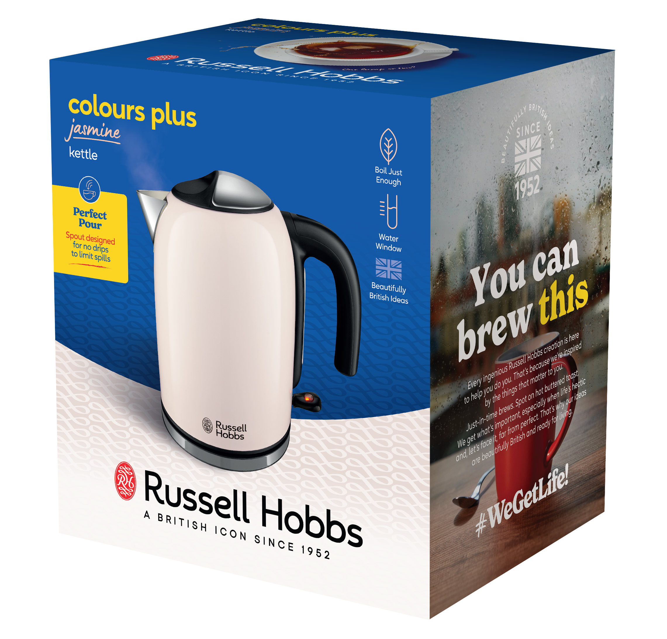 Egy Russell Hobbs vízforraló egy dobozon, a márka logójával. A dobozon szöveg van, a háttérben egy csésze tea.