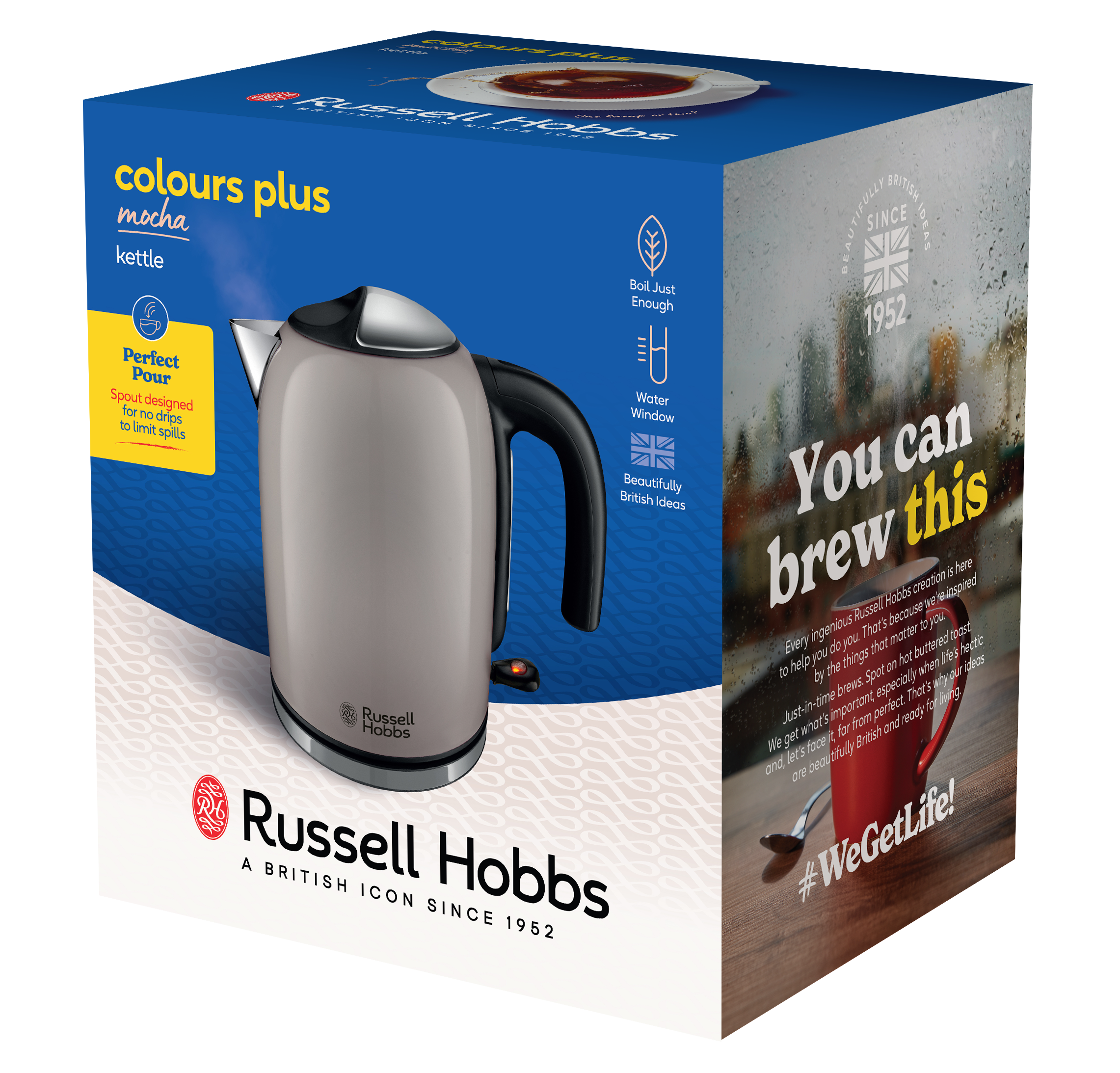 Egy mokka színű Russell Hobbs vízforraló. A dobozon a 'colours plus' és a 'You can brew this' felirat látható.