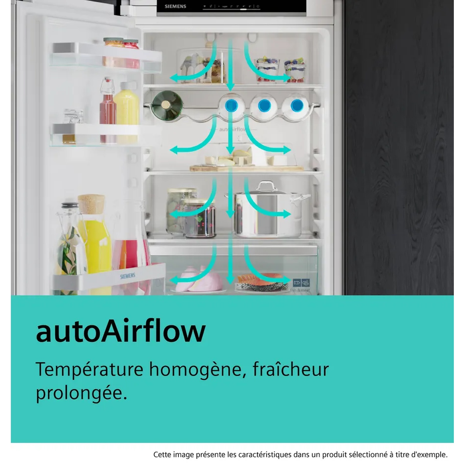 Intérieur d'un réfrigérateur avec aliments et indicateurs de flux d'air. Le texte indique 'autoAirflow' et 'température homogène, fraîcheur prolongée'.