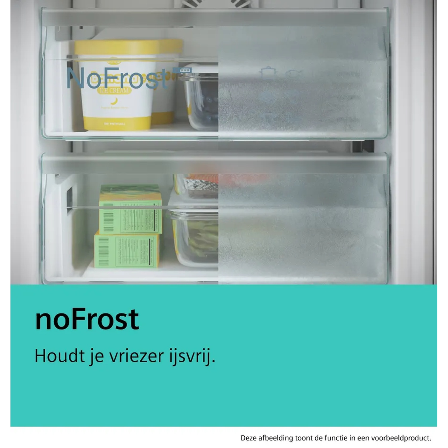 Een koelkastinterieur toont ijs, voedselcontainers en dozen. De tekst noFrost en de turquoise achtergrond staan onderaan.
