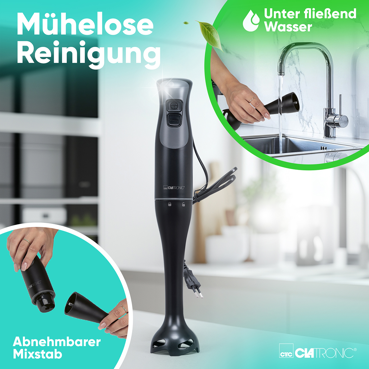 Fekete botmixer. Kezek tartják a részeit. Víz folyik a csapból. Szöveg: Muehelose Reinigung, Abnehmbarer Mixstab.