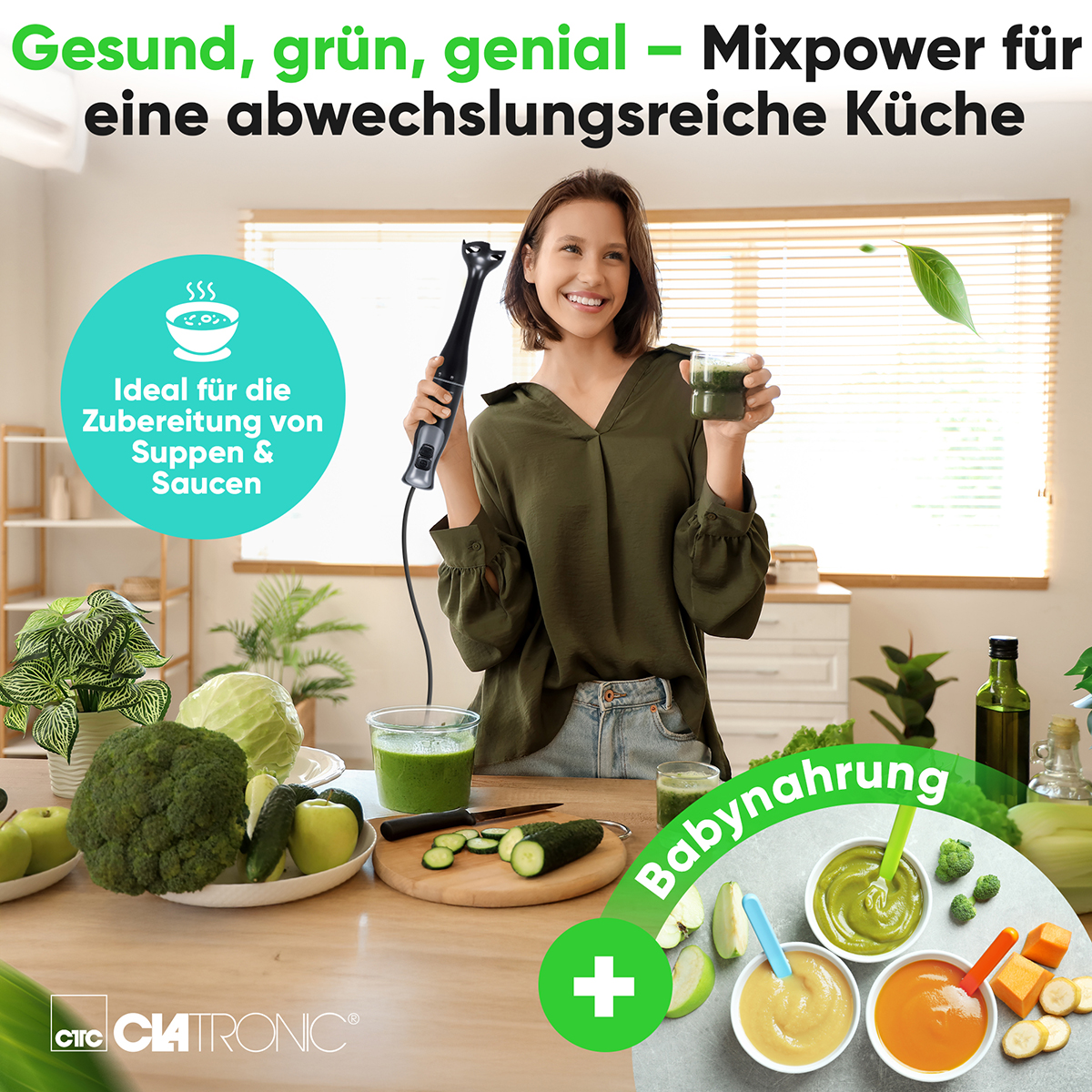 Nő a konyhában turmixgéppel és zöld turmixszal. Zöldségek és bébiétel az asztalon. A szöveg 'Mixpower'.