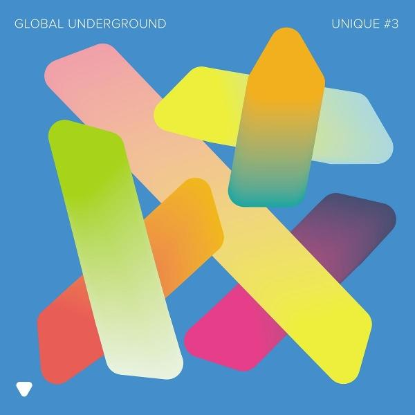 Abstraktes Design mit überlappenden bunten Formen auf blauem Hintergrund. Text: GLOBAL UNDERGROUND, UNIQUE #3. Weißes Dreieck in der Ecke.