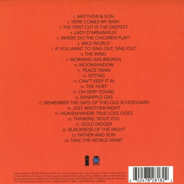 Ein Albumcover mit einer Liste von Titeln auf orangefarbenem Hintergrund, darunter "Matthew & Son" und "Peace Train".