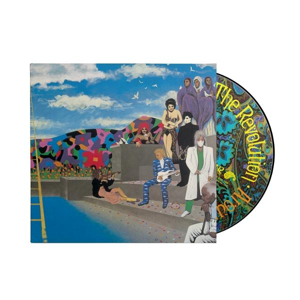Albumcover-Kunst mit einer Gruppe von Leuten auf einer Bühne mit blauem Himmel im Hintergrund und einer Schallplatte rechts.