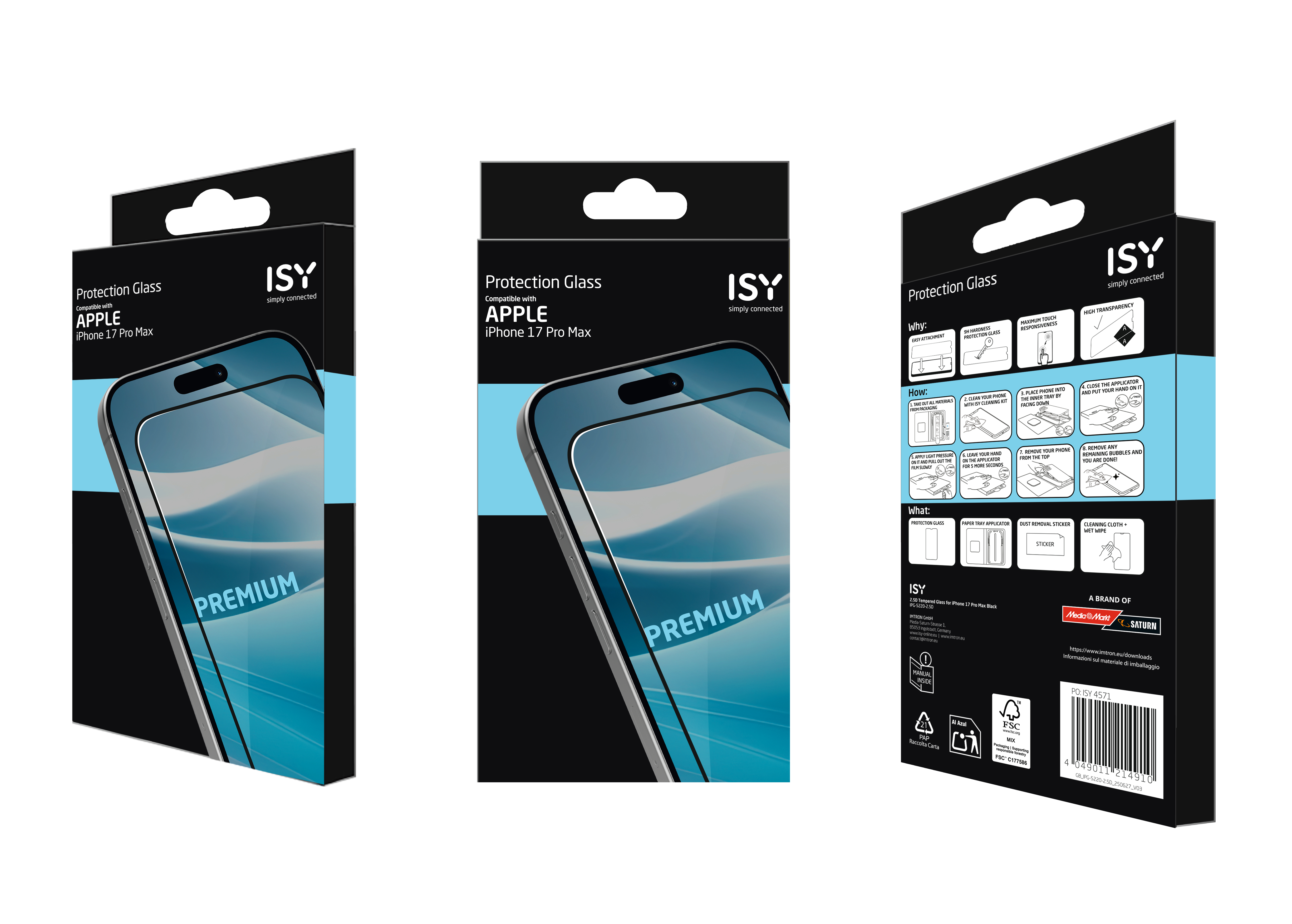 Drei schwarze Schachteln mit ISY iPhone 17 Pro Max Displayschutzfolien. Jede Schachtel zeigt das Telefon und das Wort PREMIUM.