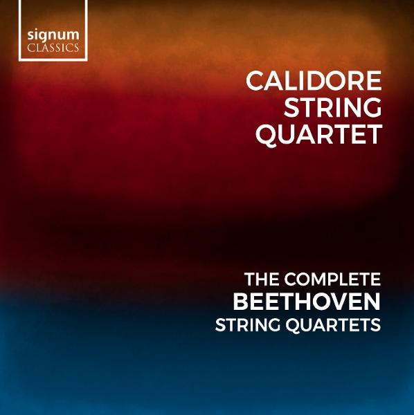 Albumcover für das Calidore String Quartet mit Beethovens kompletten Streichquartetten. Farbverlauf Hintergrund mit Text.