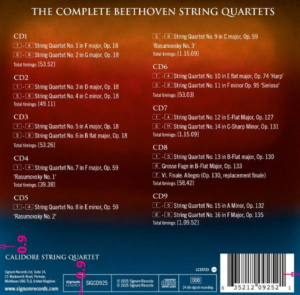 CD-Cover mit Text, der Beethovens Streichquartette auflistet. Enthält das Calidore String Quartet und Signum Records.