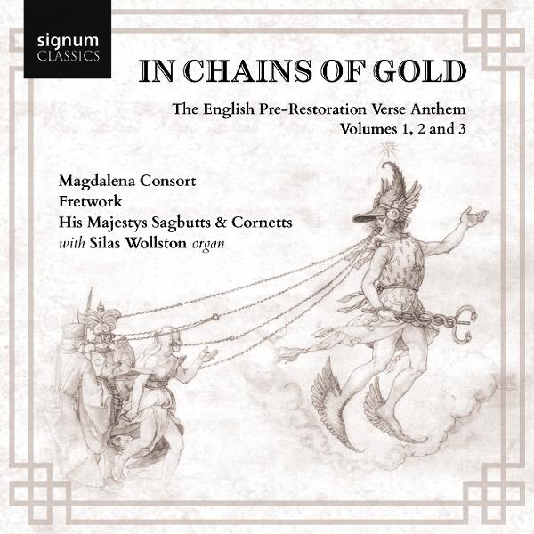 Albumcover: Titel 'In Chains of Gold'. Kunstwerk zeigt Figuren in Ketten. Text enthält 'Magdalena Consort', 'Fretwork' und 'organ'.