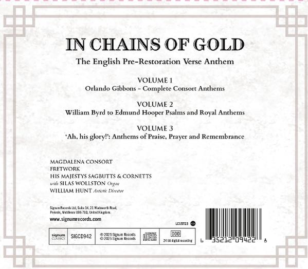 Albumcover mit dem Titel 'In Chains of Gold'. Enthält Text über die englische Pre-Restoration Verse Anthem und Interpreten.