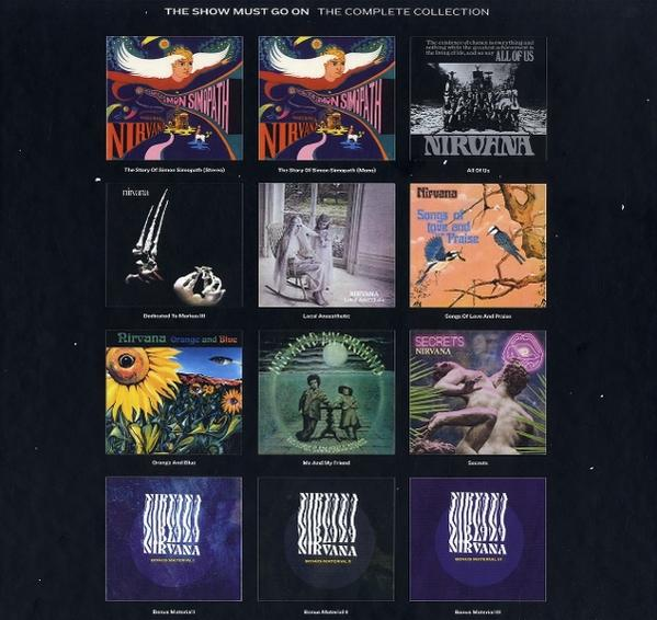 Zusammenstellung von Nirvana-Albumcovern. Enthält Albumcover mit verschiedenen Designs, darunter Kunstwerke und Bandlogos.