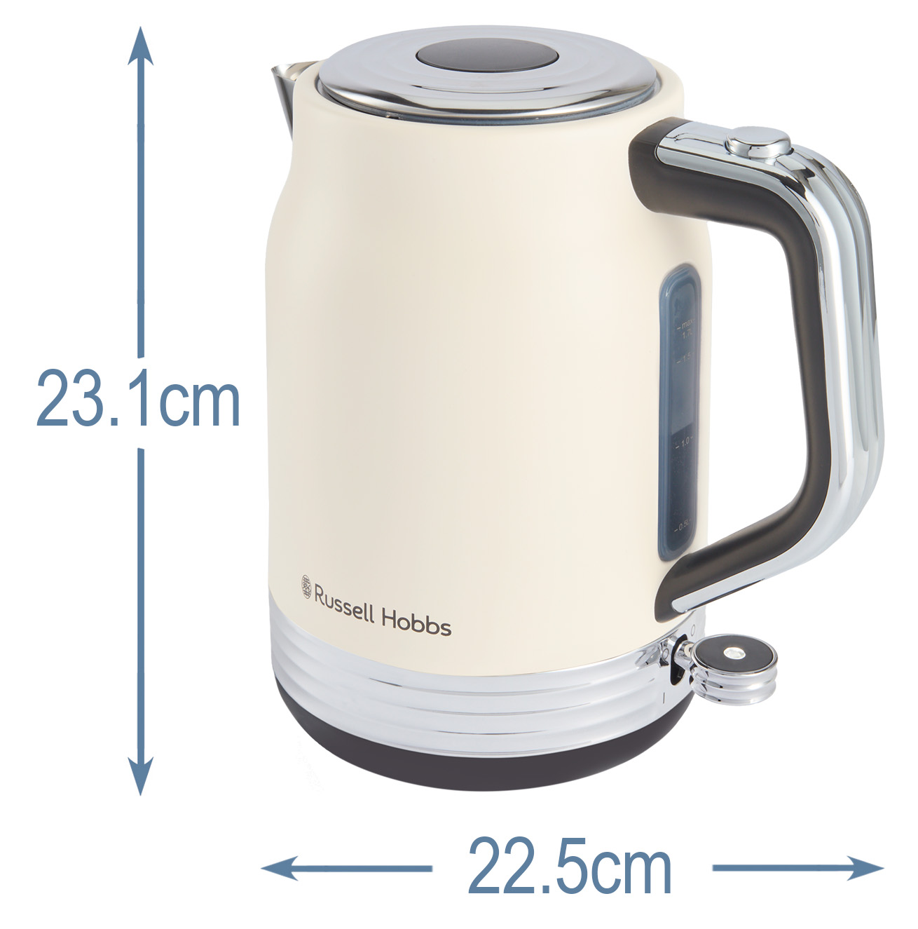 Krémszínű Russell Hobbs vízforraló króm díszítéssel, méretekkel: 23,1 cm magas, 22,5 cm széles.