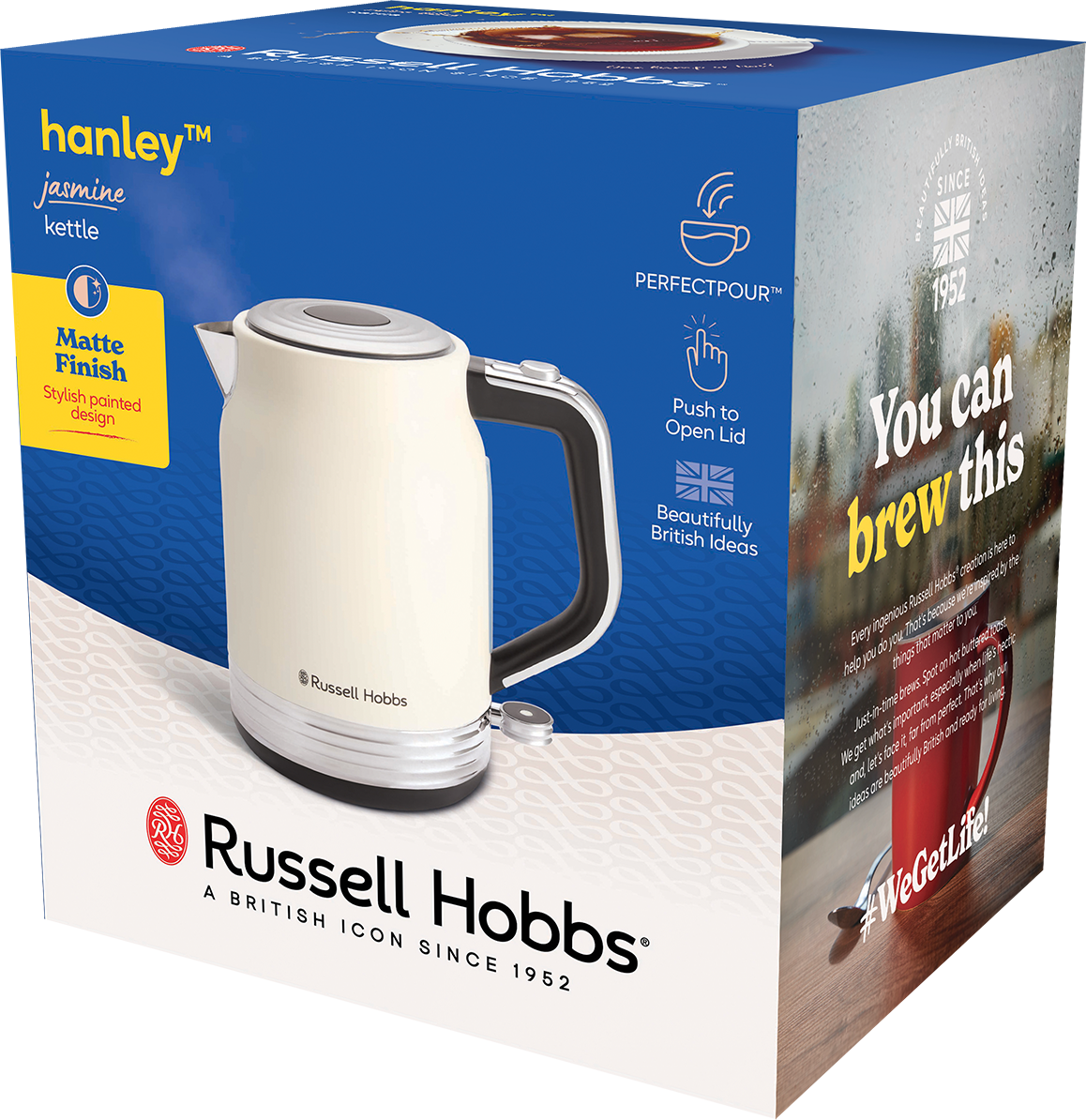 Krémszínű Russell Hobbs vízforraló kék dobozon. A szöveg: 'You can brew this'. Gőz száll fel a vízforralóból.