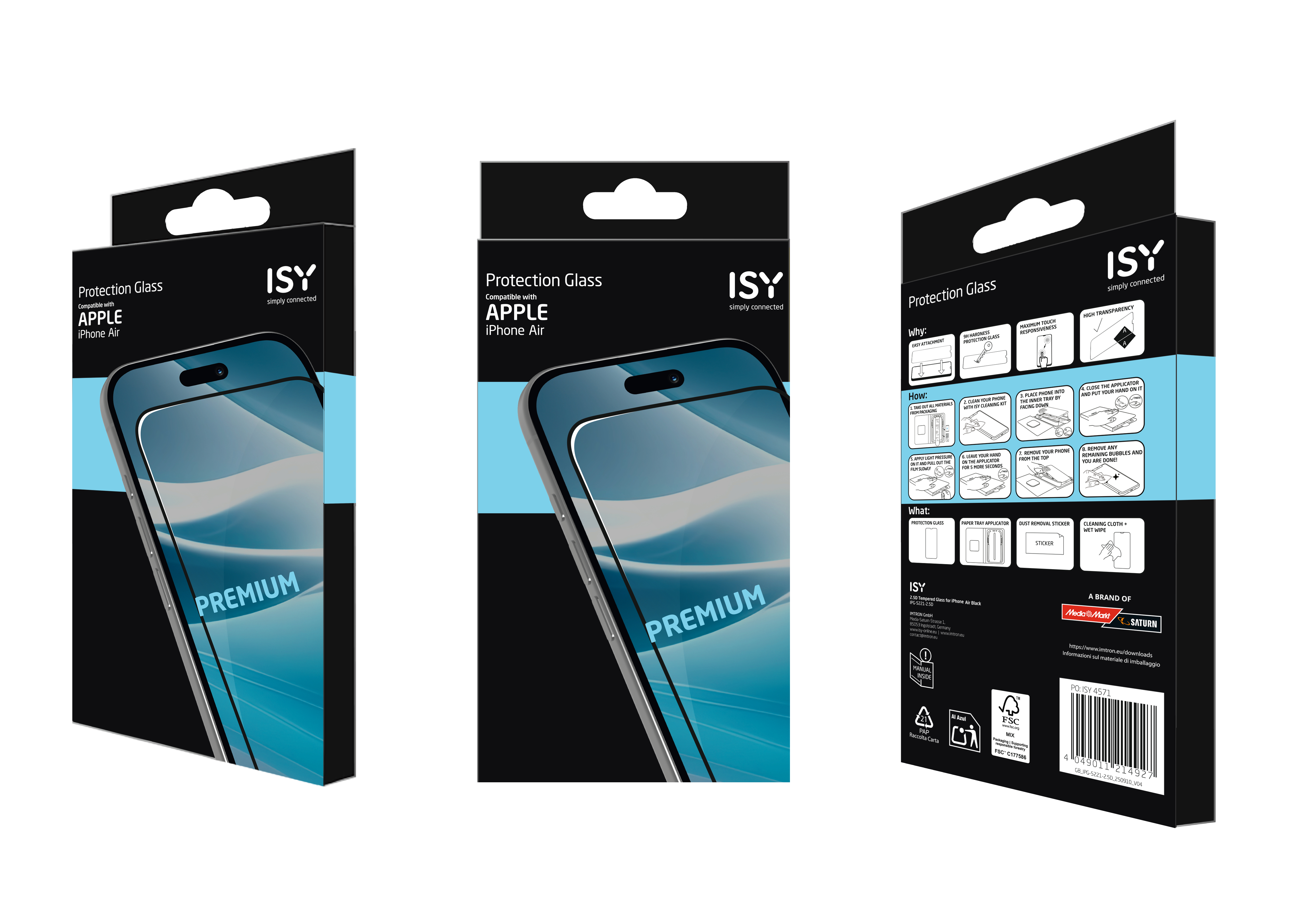 Verpackung für iPhone-Displayschutz. Schwarze Box mit Telefonbild, Produktname und Markenlogo. Anweisungen und Funktionen sind aufgeführt.