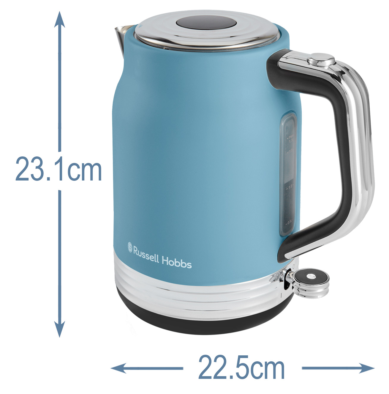 Egy kék Russell Hobbs elektromos vízforraló ezüstös részletekkel. Fogantyúja, fedele és vízszintjelzője van. A méretek láthatók.