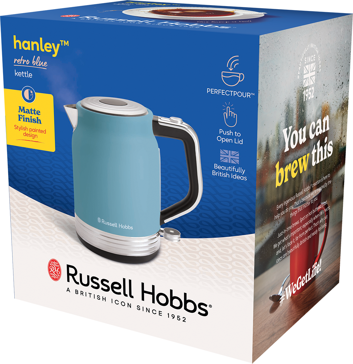 Kék vízforraló gőzzel, dobozon. A szöveg a 'Russell Hobbs'-t és a 'You can brew this'-t tartalmazza.
