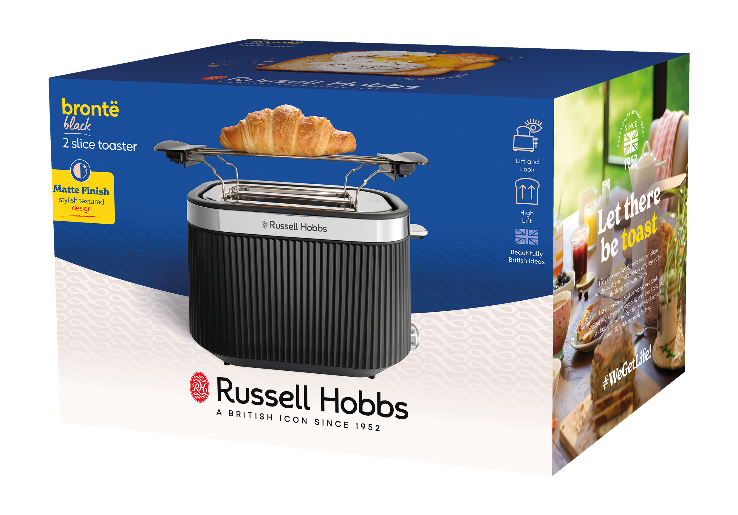 Egy fekete Russell Hobbs kenyérpirító egy croissant-val a tetején, szöveggel és egy reggeli jelenettel az oldalán.