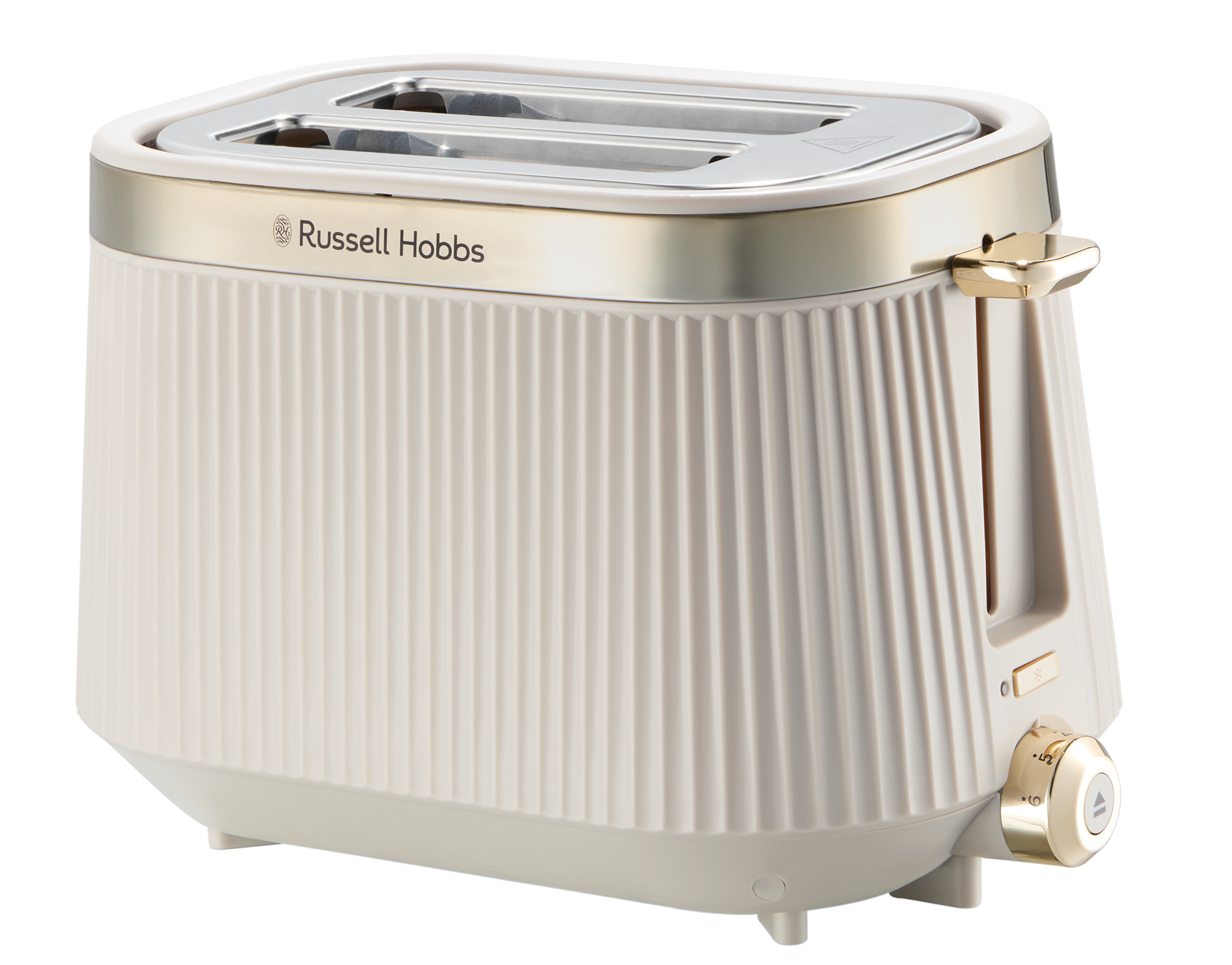Krémszínű Russell Hobbs kenyérpirító arany díszítéssel. Kar, tárcsa és bordázott külső.