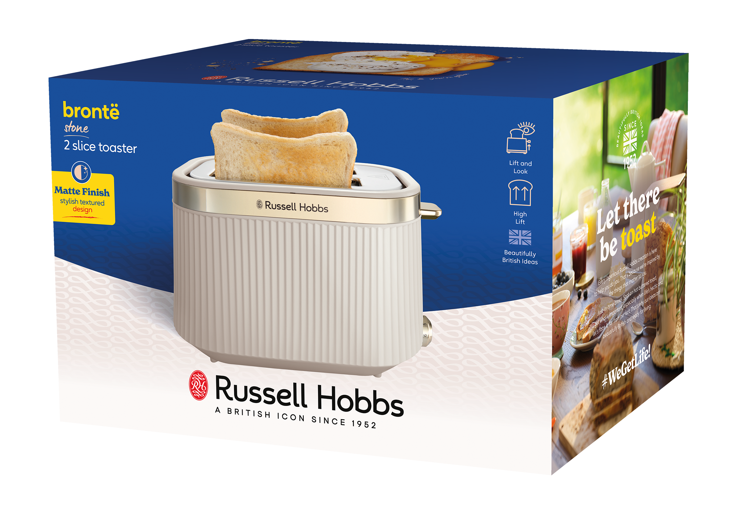 Fehér Russell Hobbs kenyérpirító pirítóssal. A háttérben ételek és italok láthatók.
