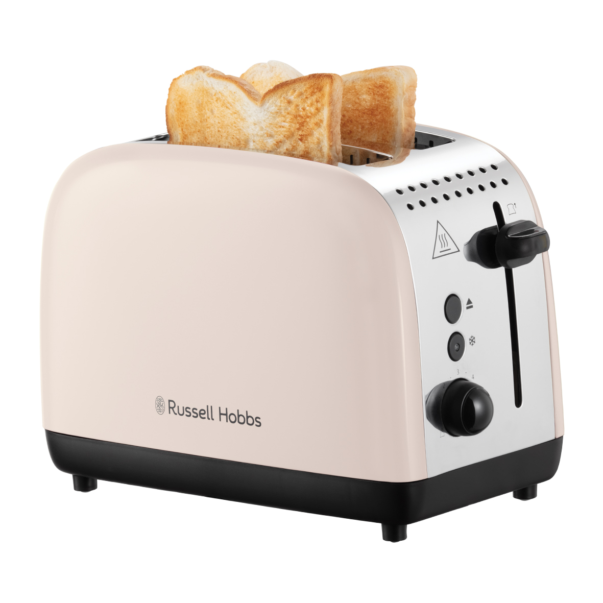 Egy bézs kenyérpirító pirítós szeletekkel. Fekete alappal és ezüstös díszítéssel rendelkezik. A márka a Russell Hobbs.