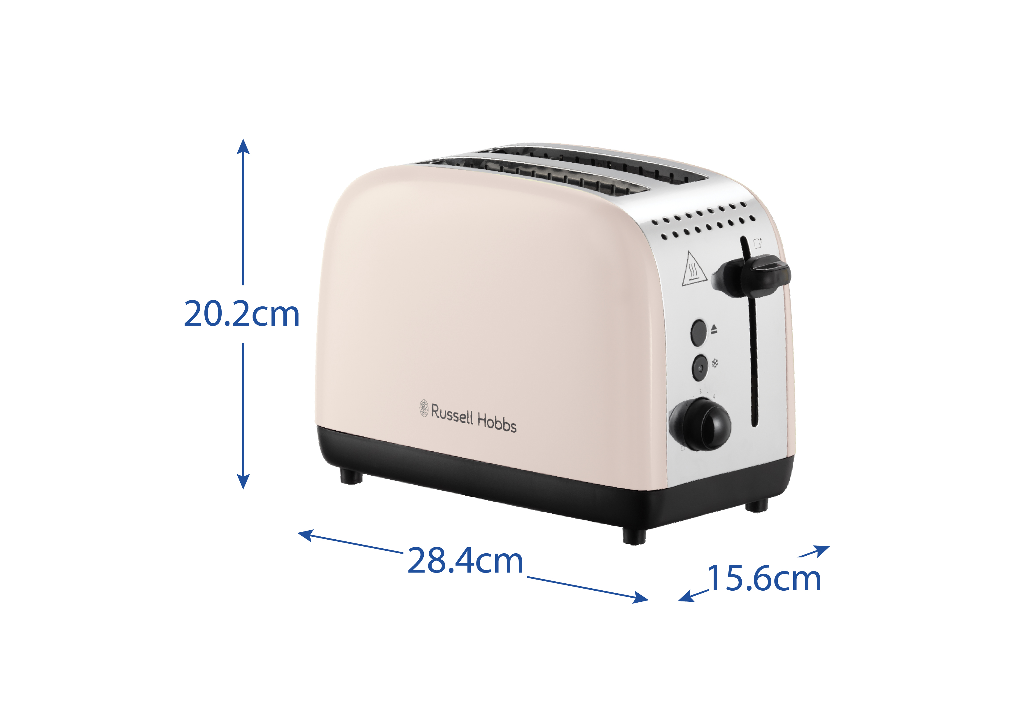 Krémszínű Russell Hobbs kenyérpirító, méretekkel. Fekete alappal és vezérlőkkel. Ezüst teteje nyílásokkal.