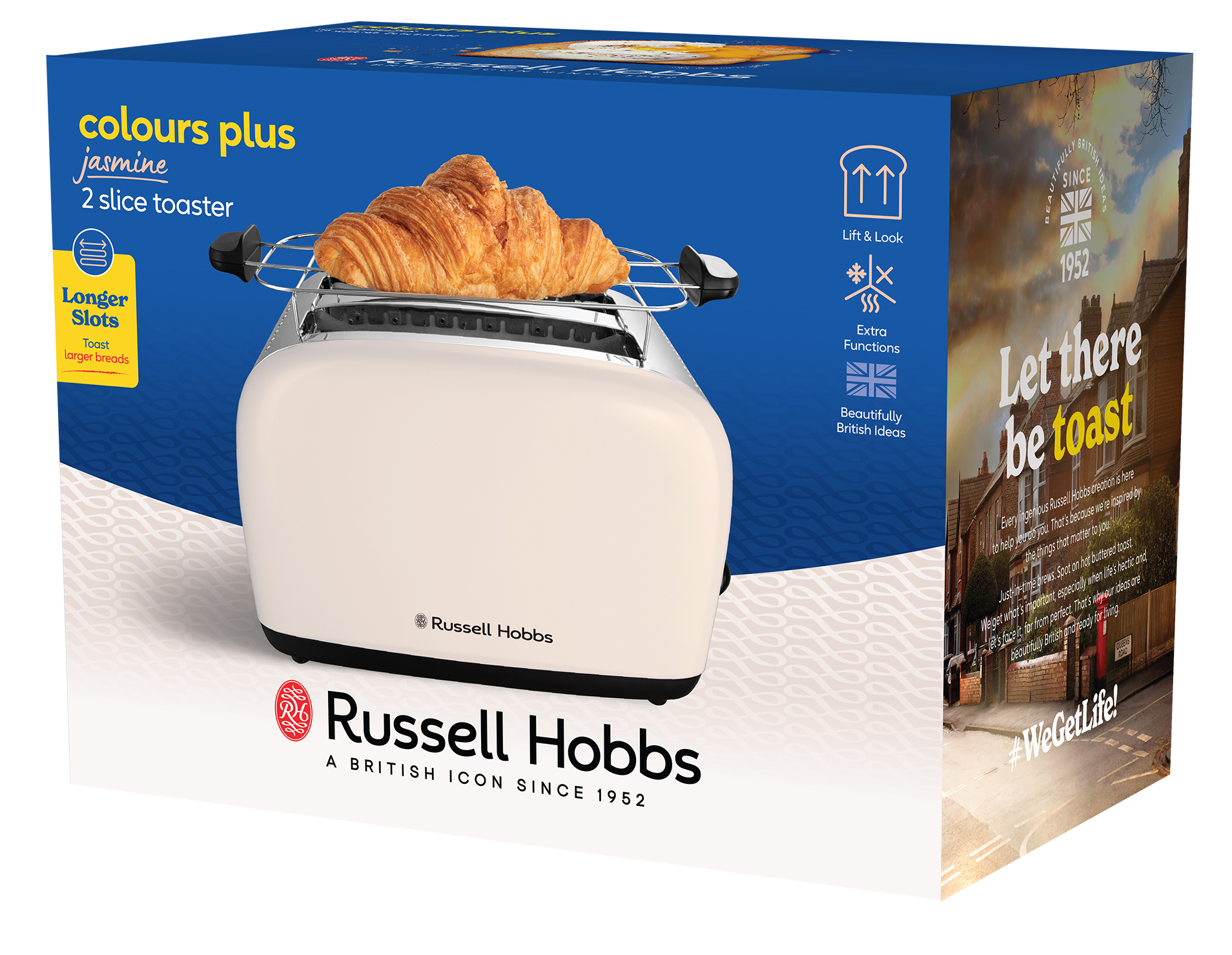 Krémszínű Russell Hobbs kenyérpirító, tetején croissant-val. A dobozon funkciók és brit márka látható.