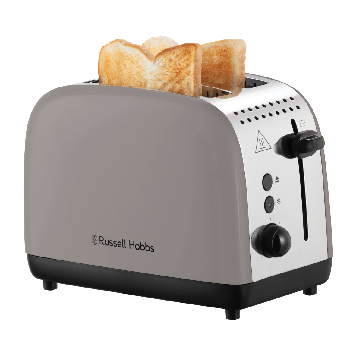 Egy szürke Russell Hobbs kenyérpirító négy szelet pirítóssal. A kenyérpirító fehér háttéren van.