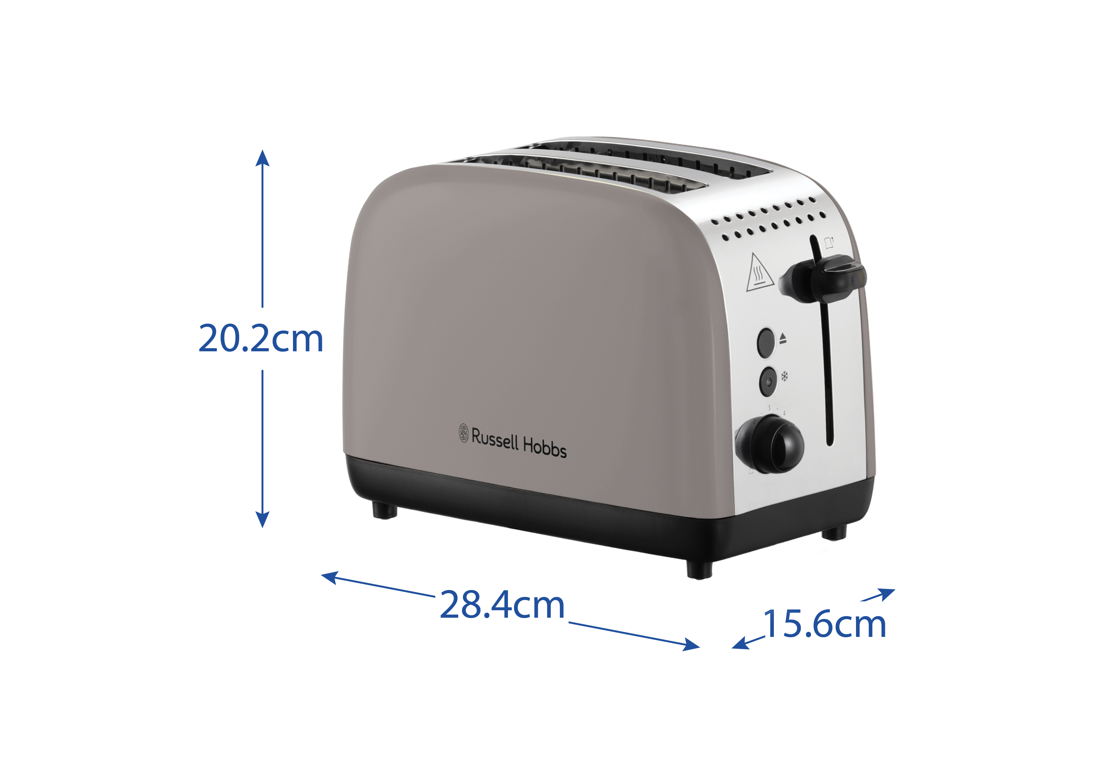 Egy Russell Hobbs kenyérpirító, méretekkel. Világosszürke, fekete részletekkel és ezüst tetejével. A háttér fehér.